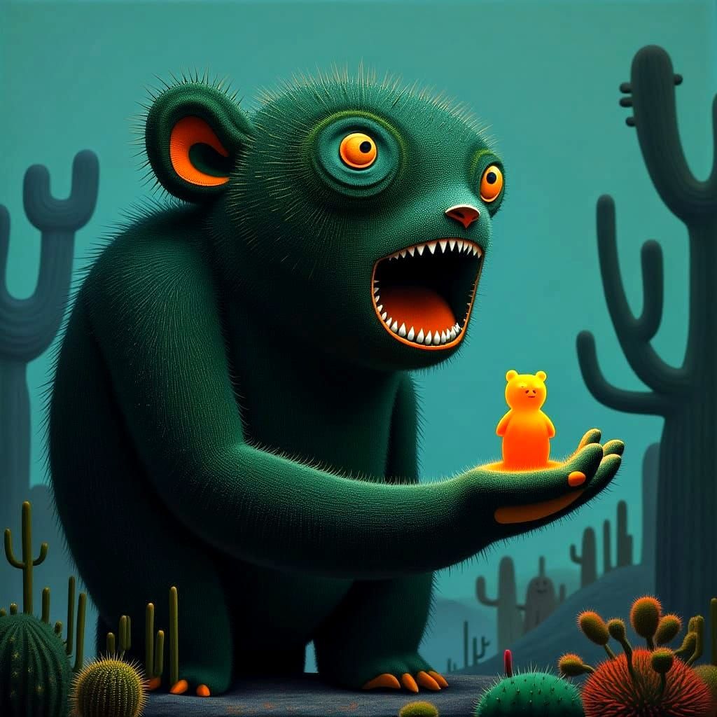 Gigantic Bear Admires Shimmering Gummy Friend in Dreamlike L...