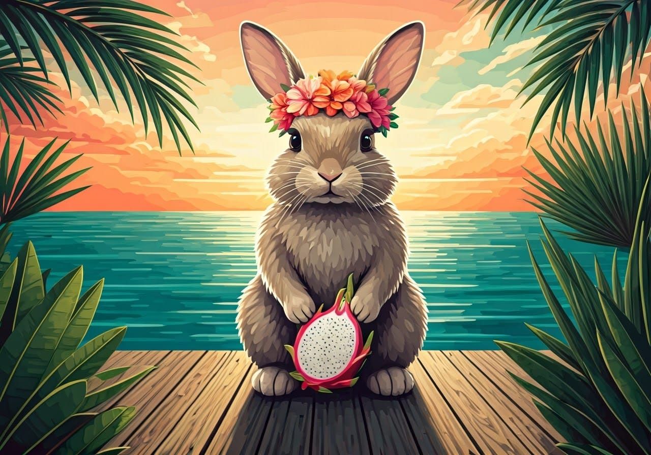 Whimsical Rabbit in Floral Crown Amidst Ocean Sunset