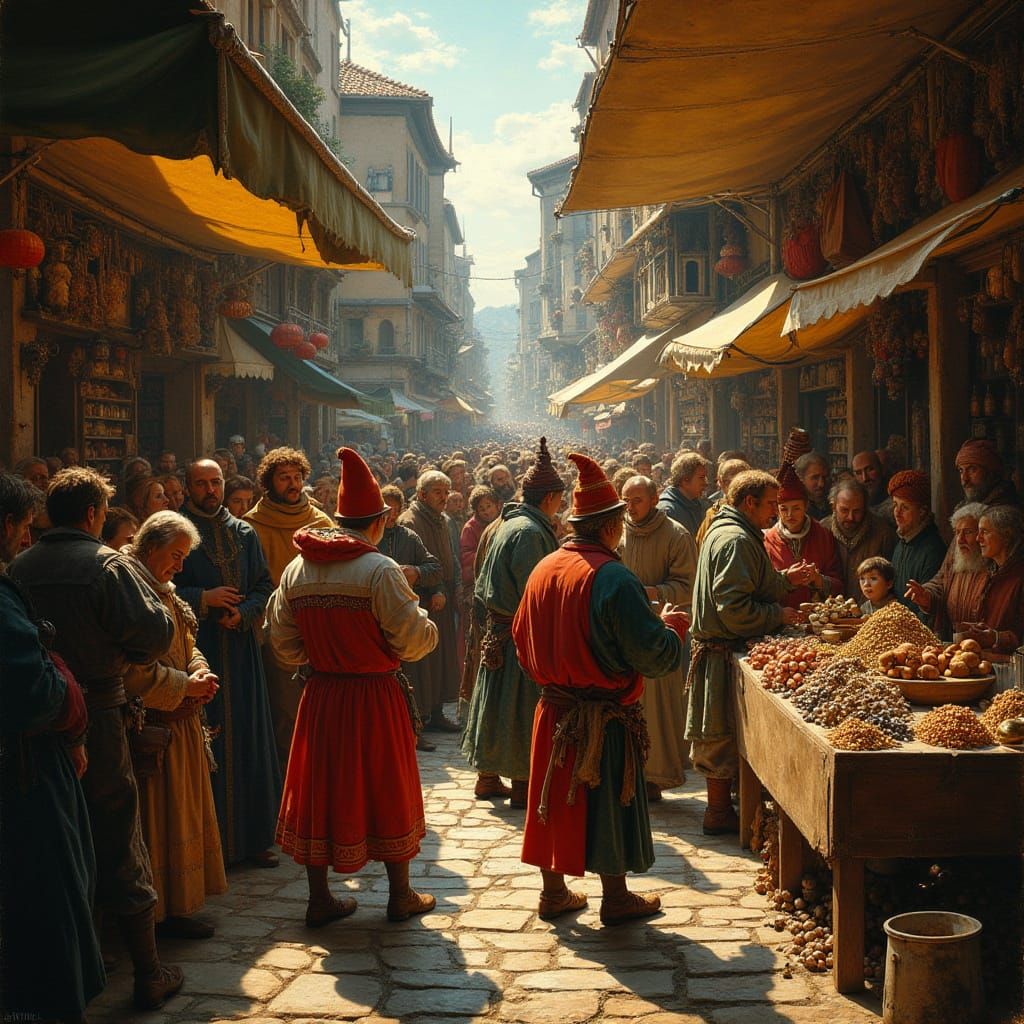 Bustling Medieval Marketplace in Flemish Renaissance Style