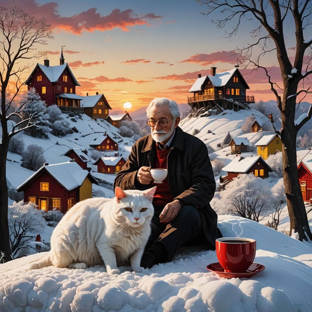 Surreal Sunset Scene with Old Man and Animals