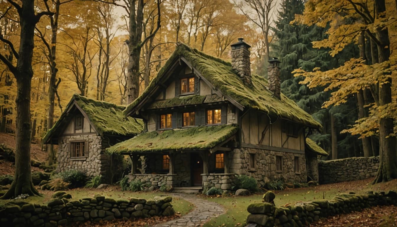 Rustic Cottage with Curvy Roof in Golden Forest Light