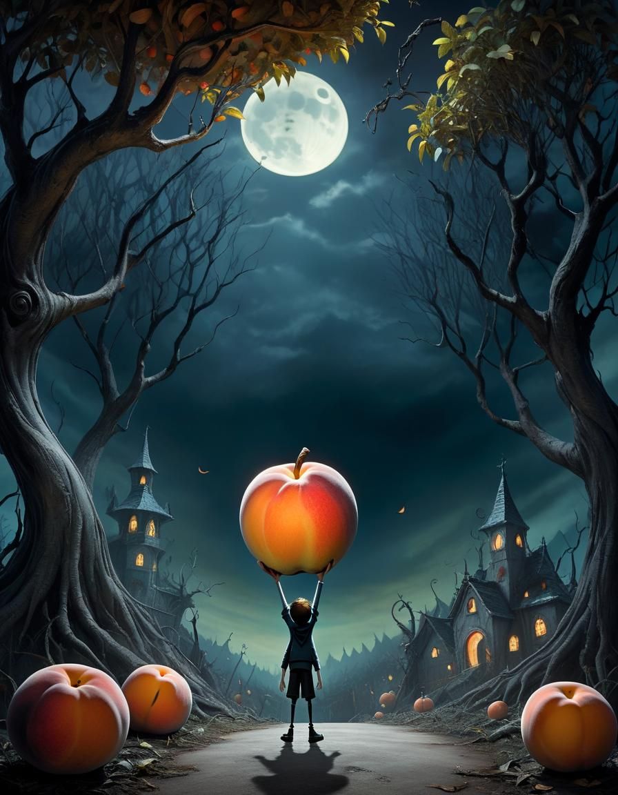 Boy Reaching for Giant Peach in Burtonesque Style