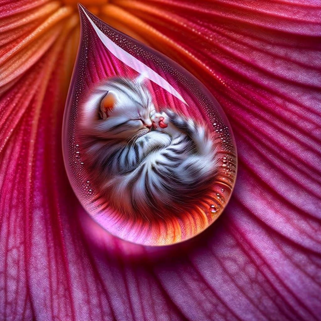 Dewdrop Dream: Tiny Cat Sleeping in Flower