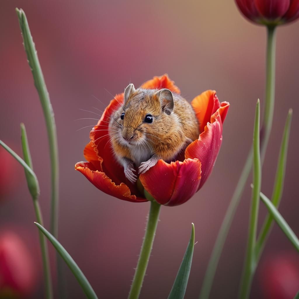 Harvest Mouse Sleeping in Red Tulip