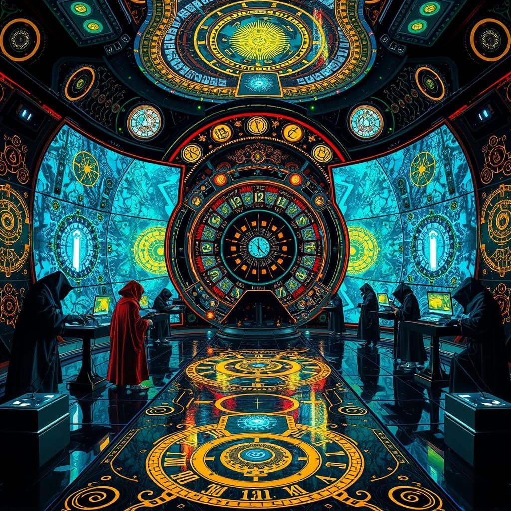 Ethereal Timekeepers in Gustav Klimt-Inspired Cosmic Realm