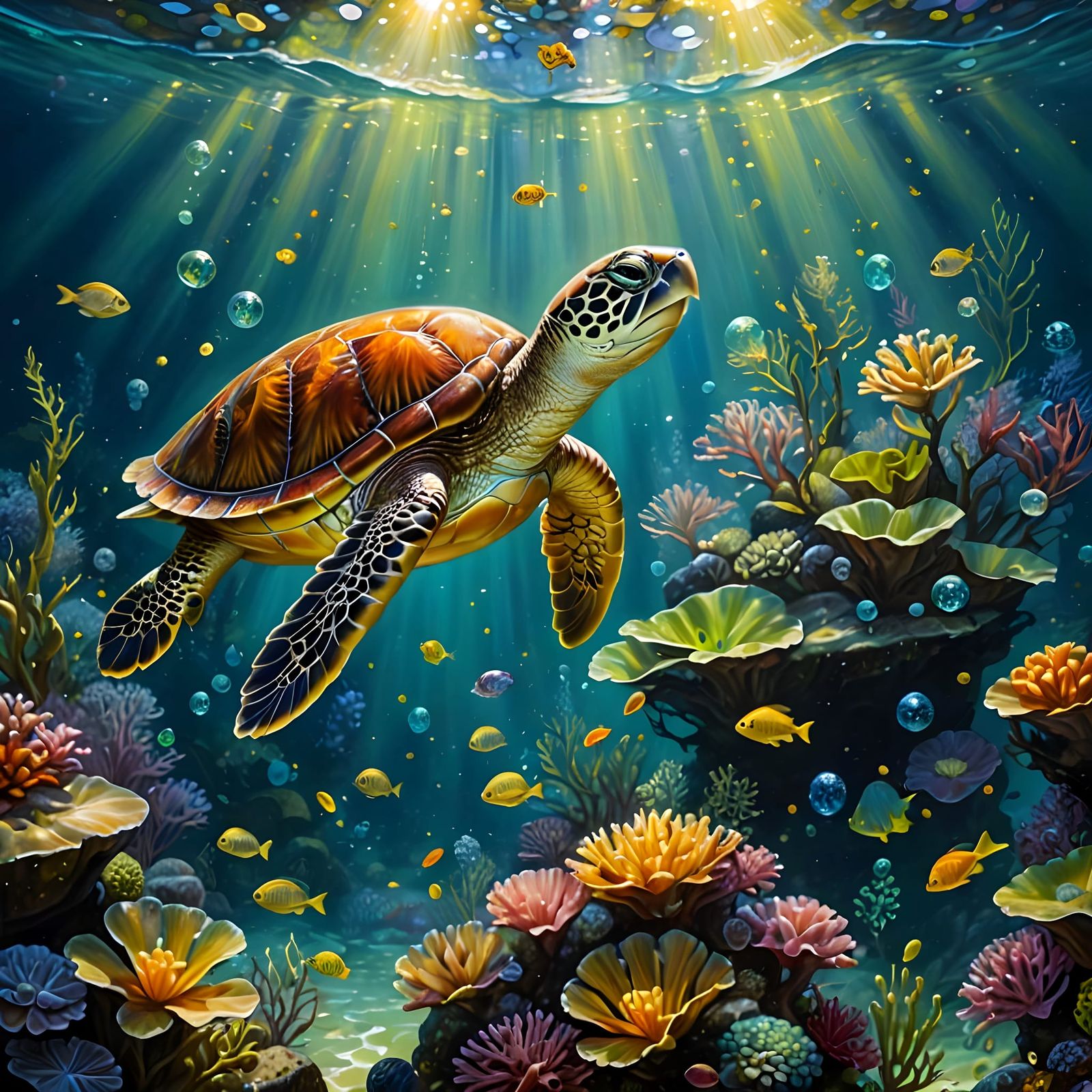 Joyful Turtle in Sunlit Underwater Paradise