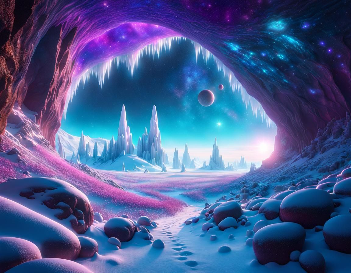 Frozen Cave of Galaxies on Alien Landscape
