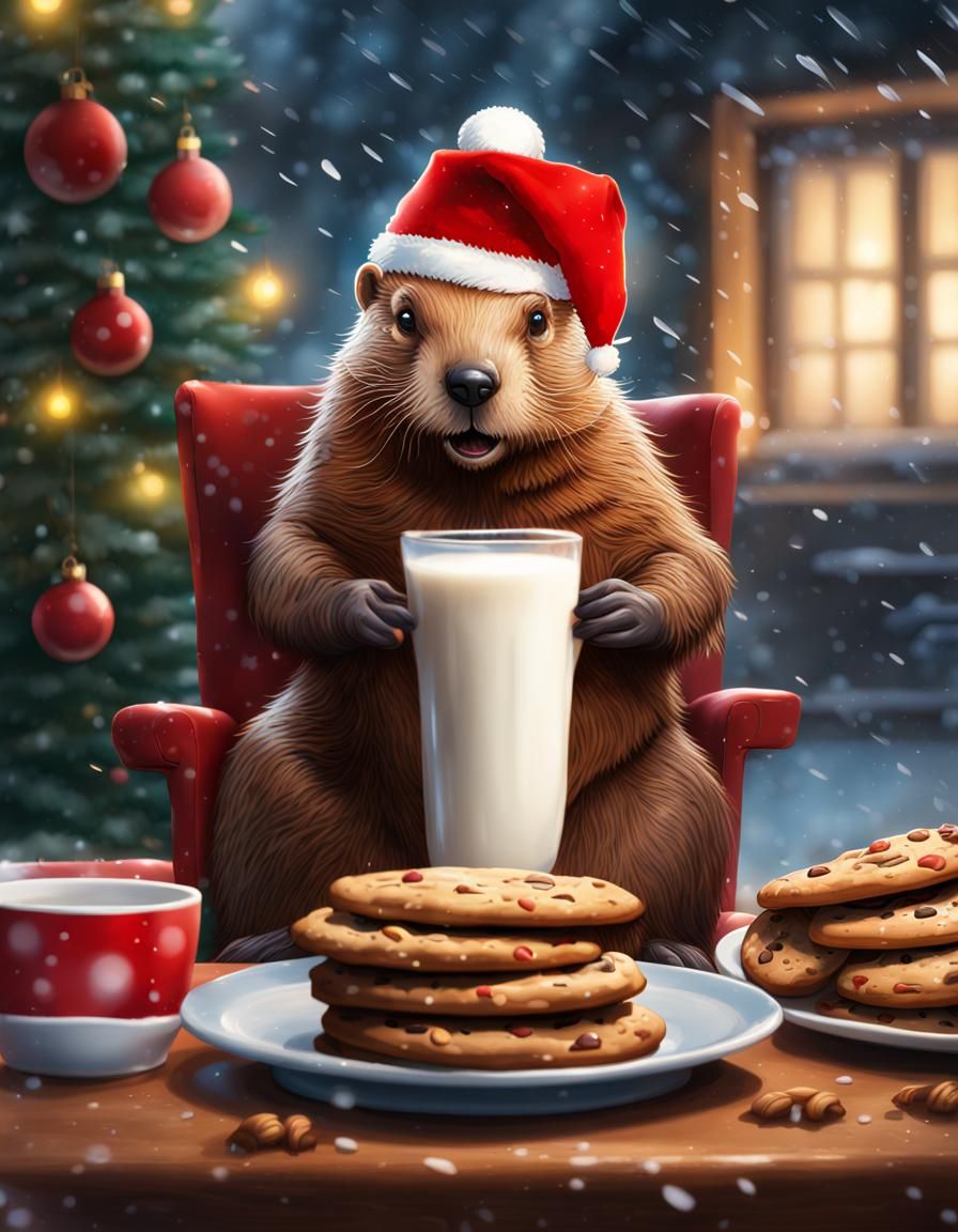 Festive Beaver Serving Christmas Treats: Hyperrealistic Art
