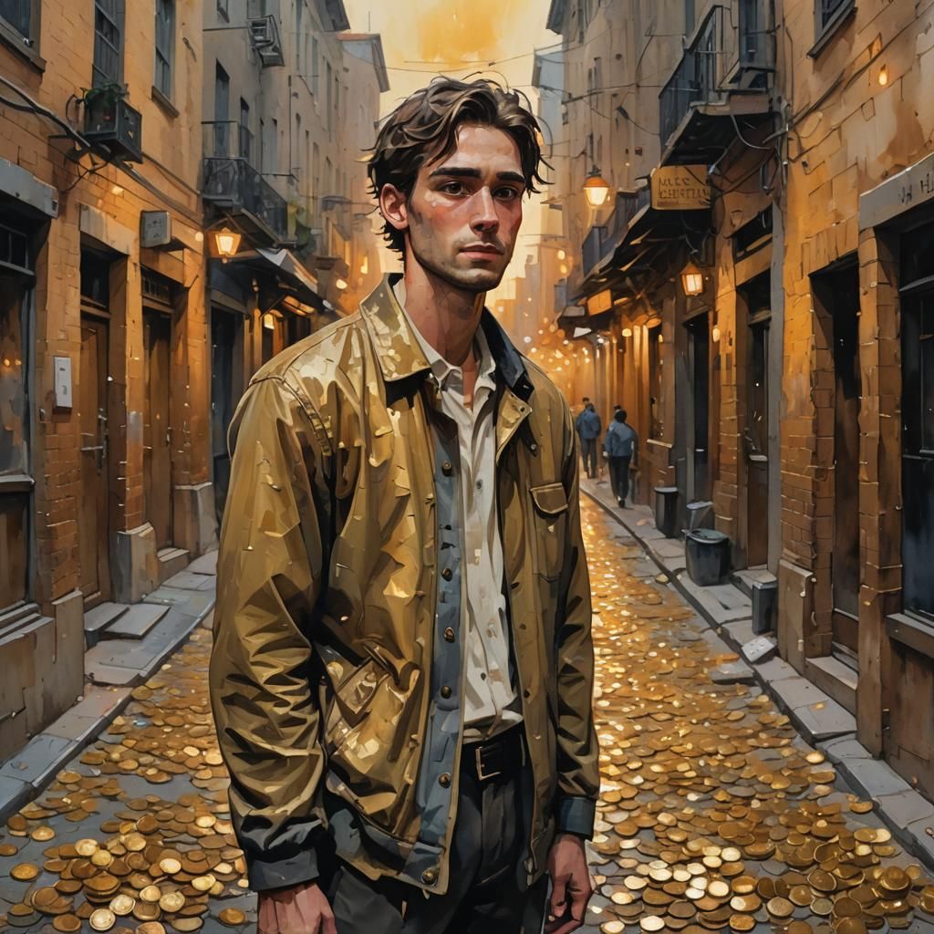 Young Man in Alley as Gouache Style Painting