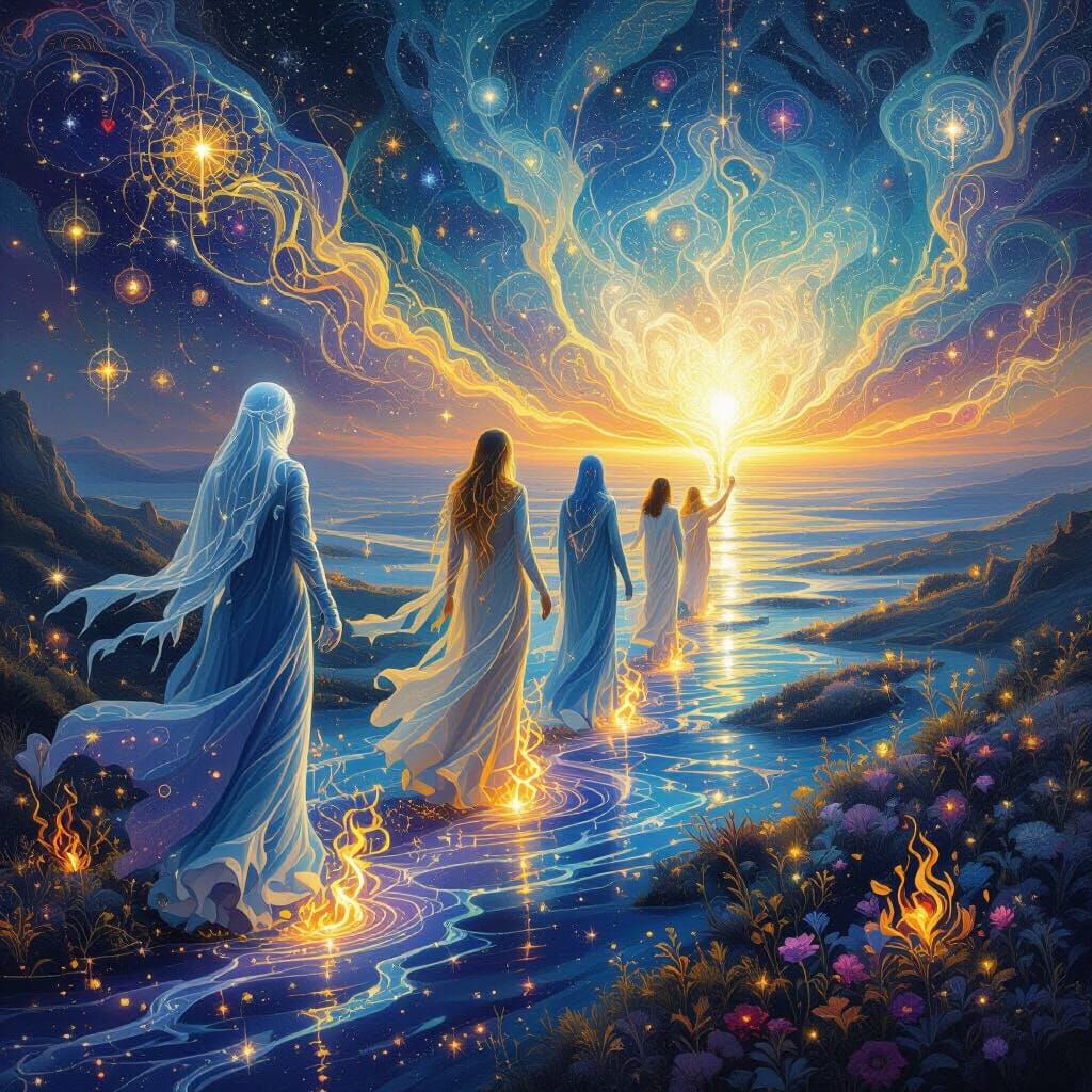 Ethereal Beings Radiating Light Towards Luminous Horizon