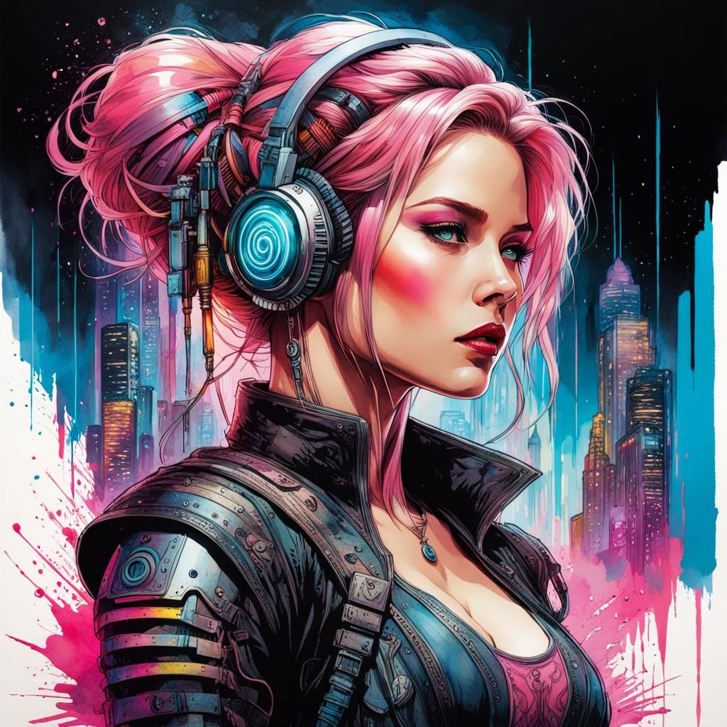 Candycore Cyberpunk Princess in Watercolor Style