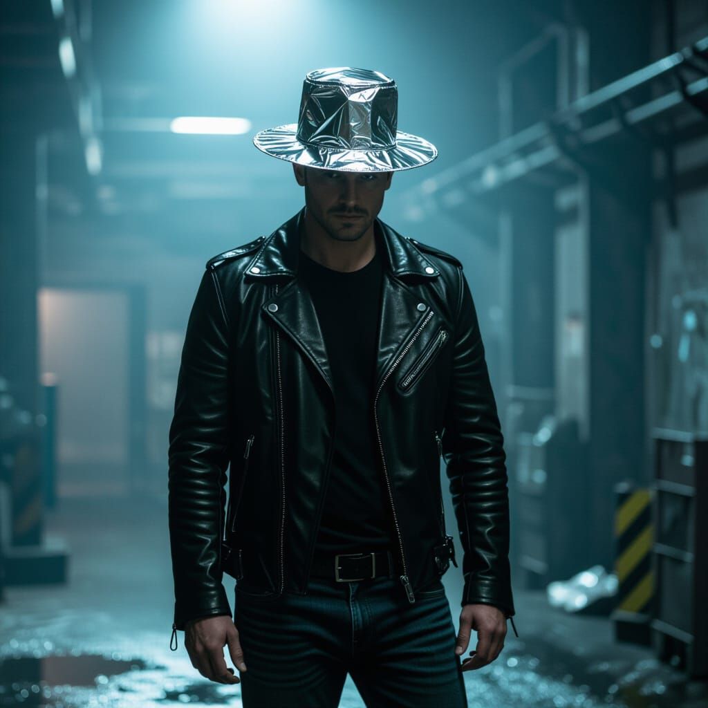 Man in Leather and Tinfoil Hat in Film Noir Style