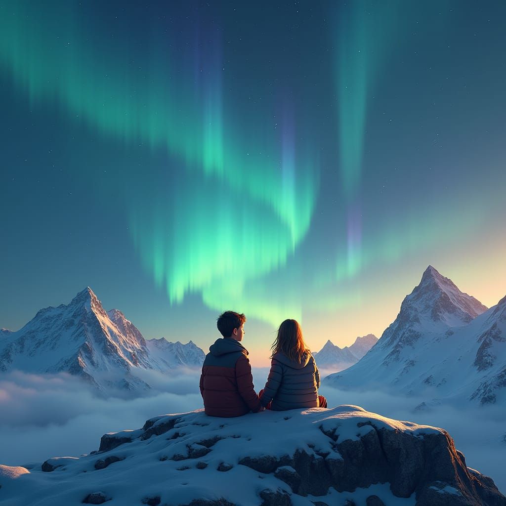 Lovers Watch Aurora Borealis in Atmospheric Landscape