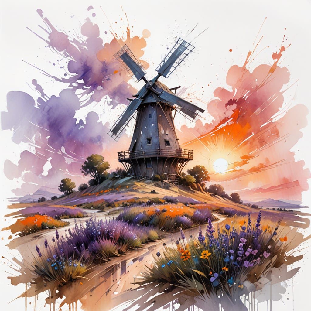 Sunset Over Wild Plains With Windmill And Mountains