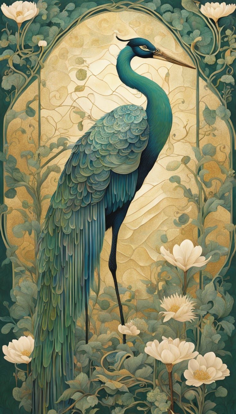 Gustav Klimt-Style Oriental Crane in a Garden of Lush Flower...