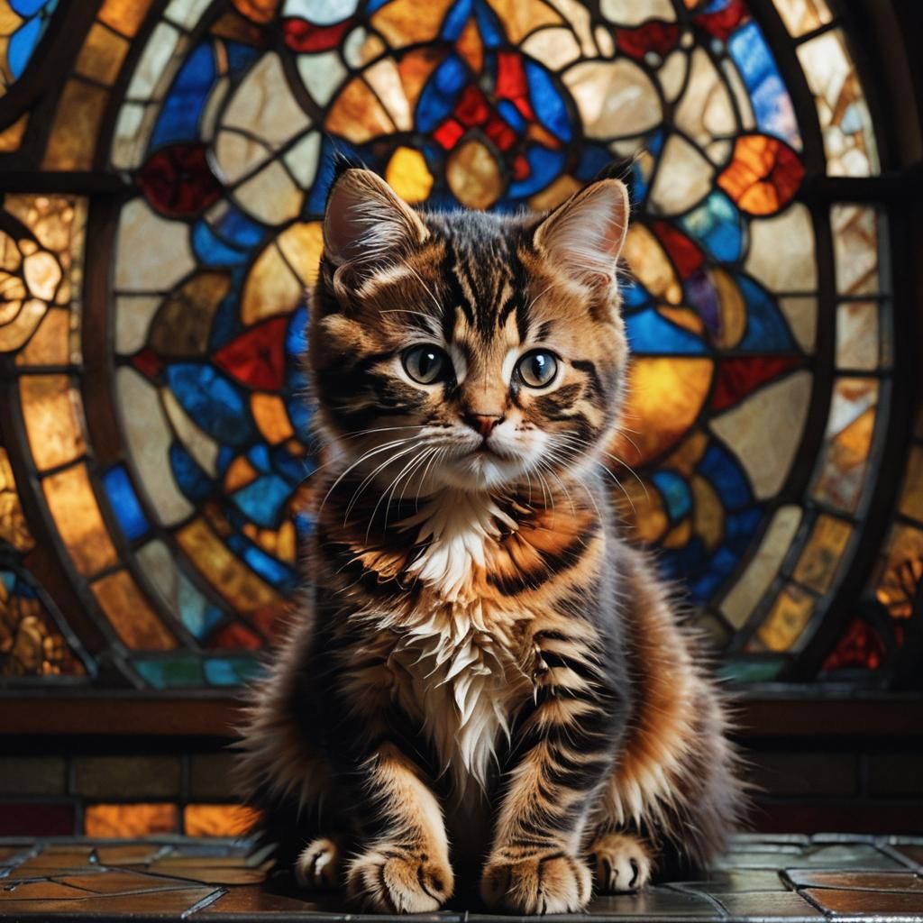 Tortoiseshell Kitten and Prismatic Stained Glass Window