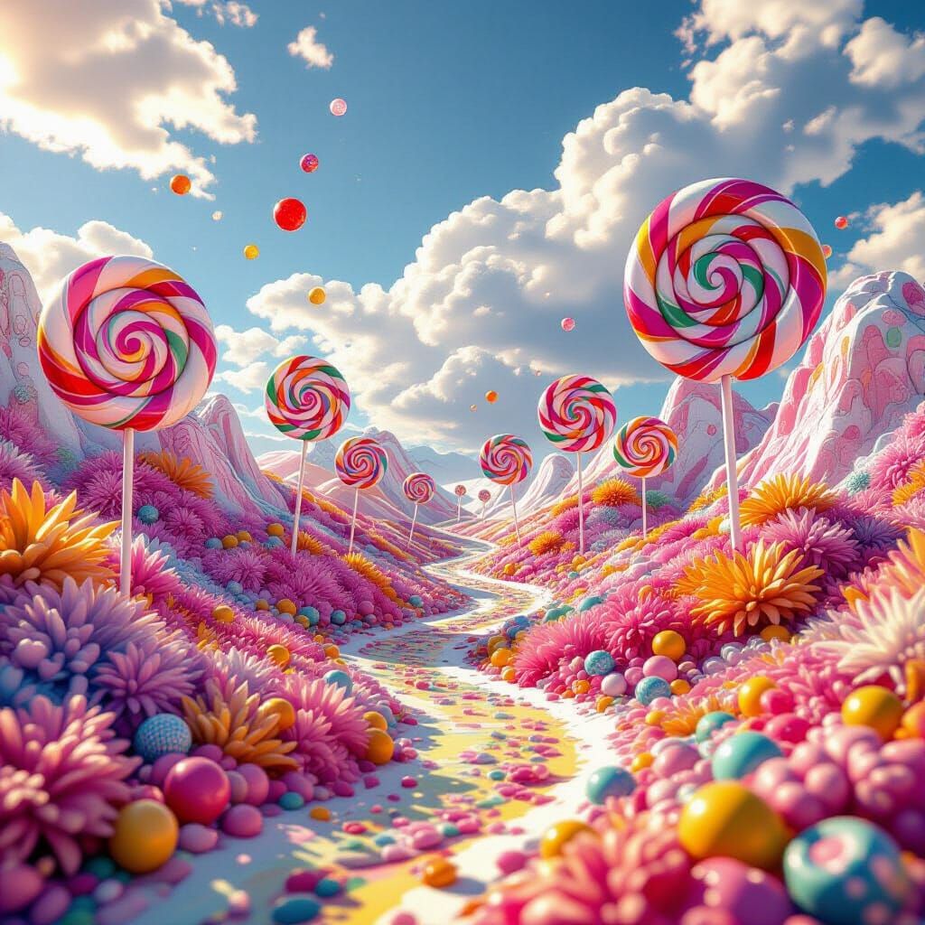 Hyperrealistic Candy Landscape with Swirled Lollipops