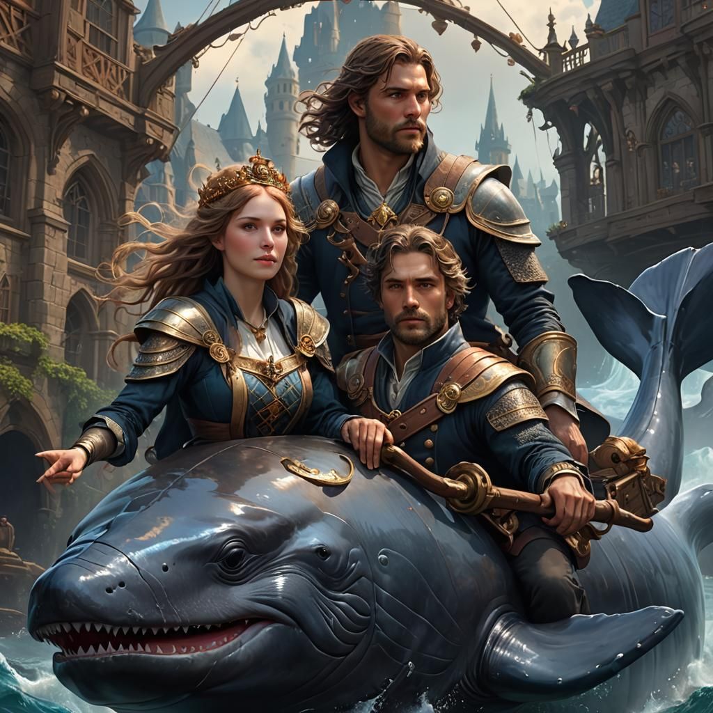 Medieval Couple Riding a Whale in Digital Art
