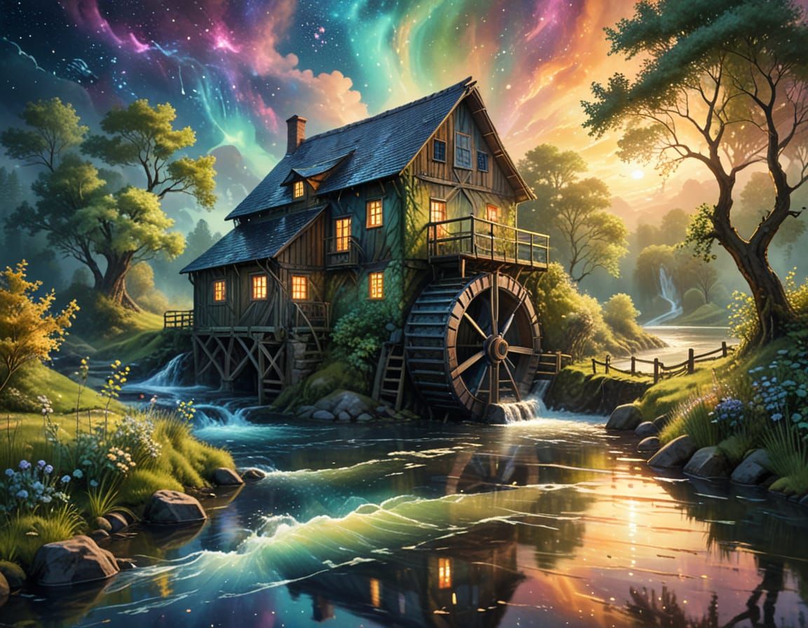 Whimsical Watermill in a Fantastical Landscape