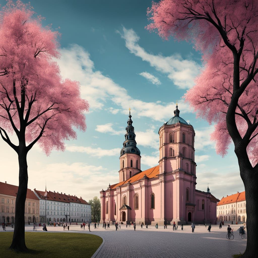 Surreal Vilnius Cityscape with Pink Kefir Fountains