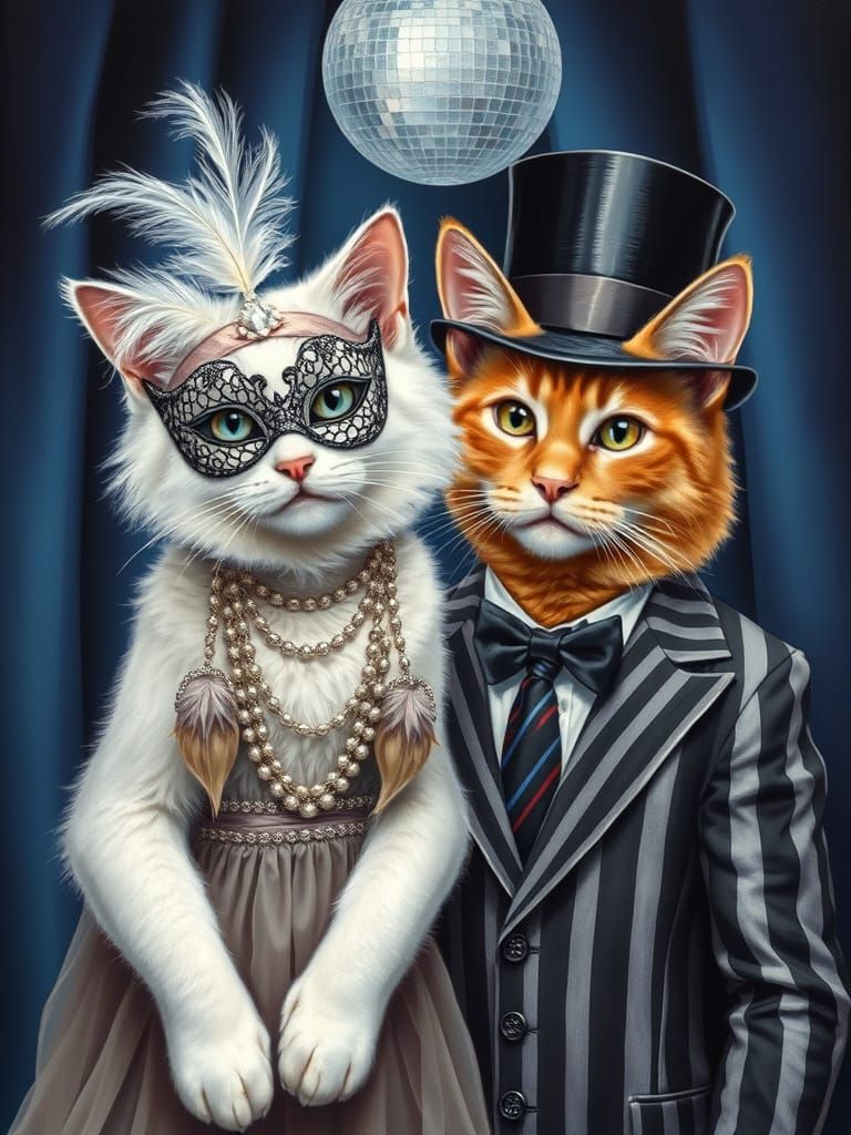 Cats Attend 1920s Masquerade Ball in Oil Painting Style
