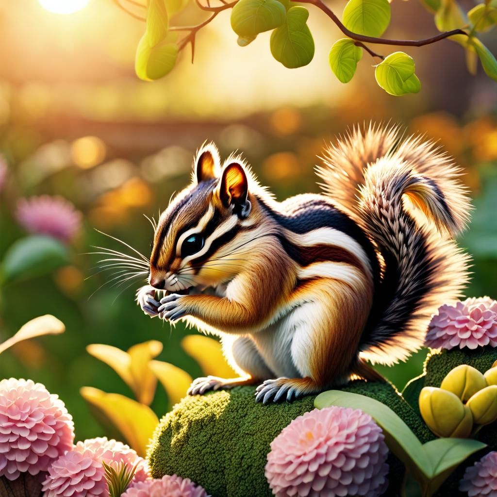 Chipmunk Feast in Flower Garden at Sunrise