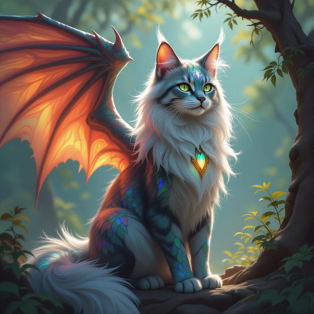 Cat-Dragon Hybrid with Leathery Wings in High Fantasy Art