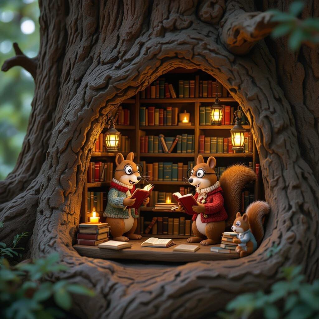 Cozy Squirrel Library in Giant Sequoia: Claymation Style