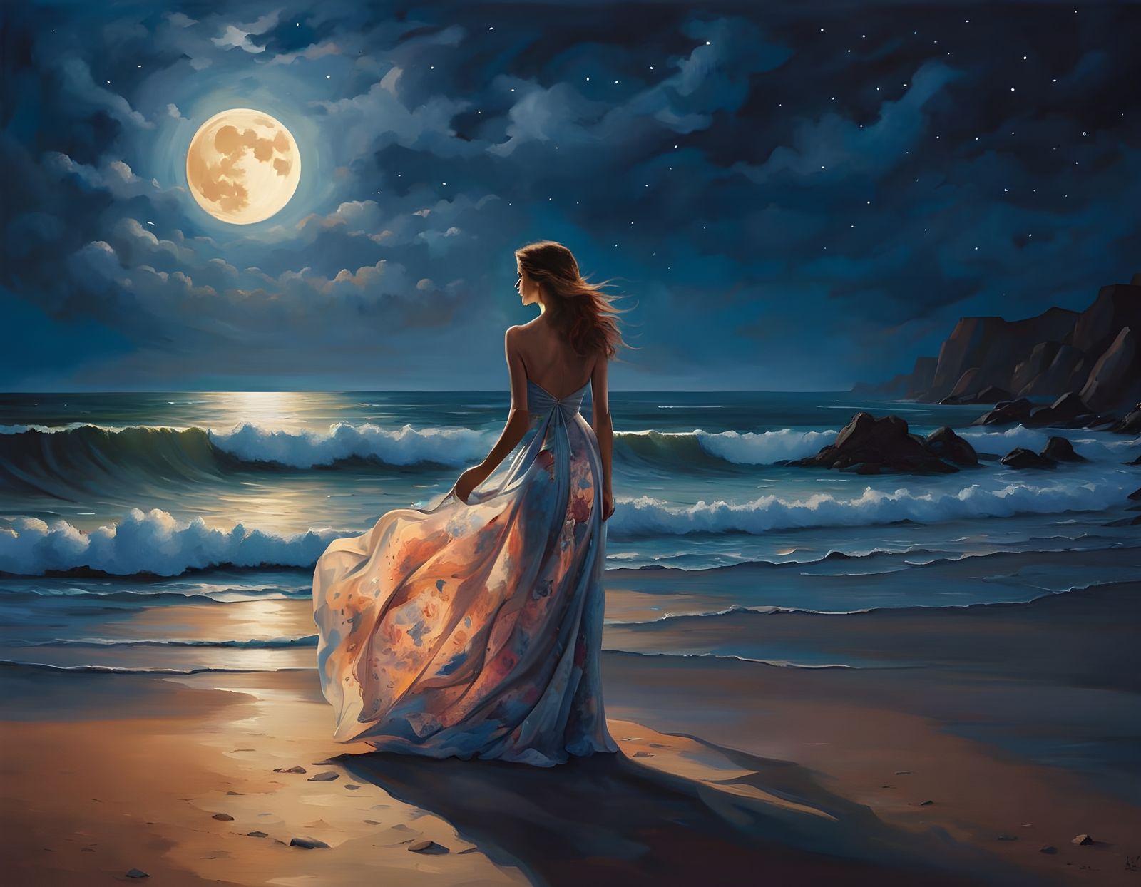 Woman on Moonlit Beach in Petrov-Vodkin Style