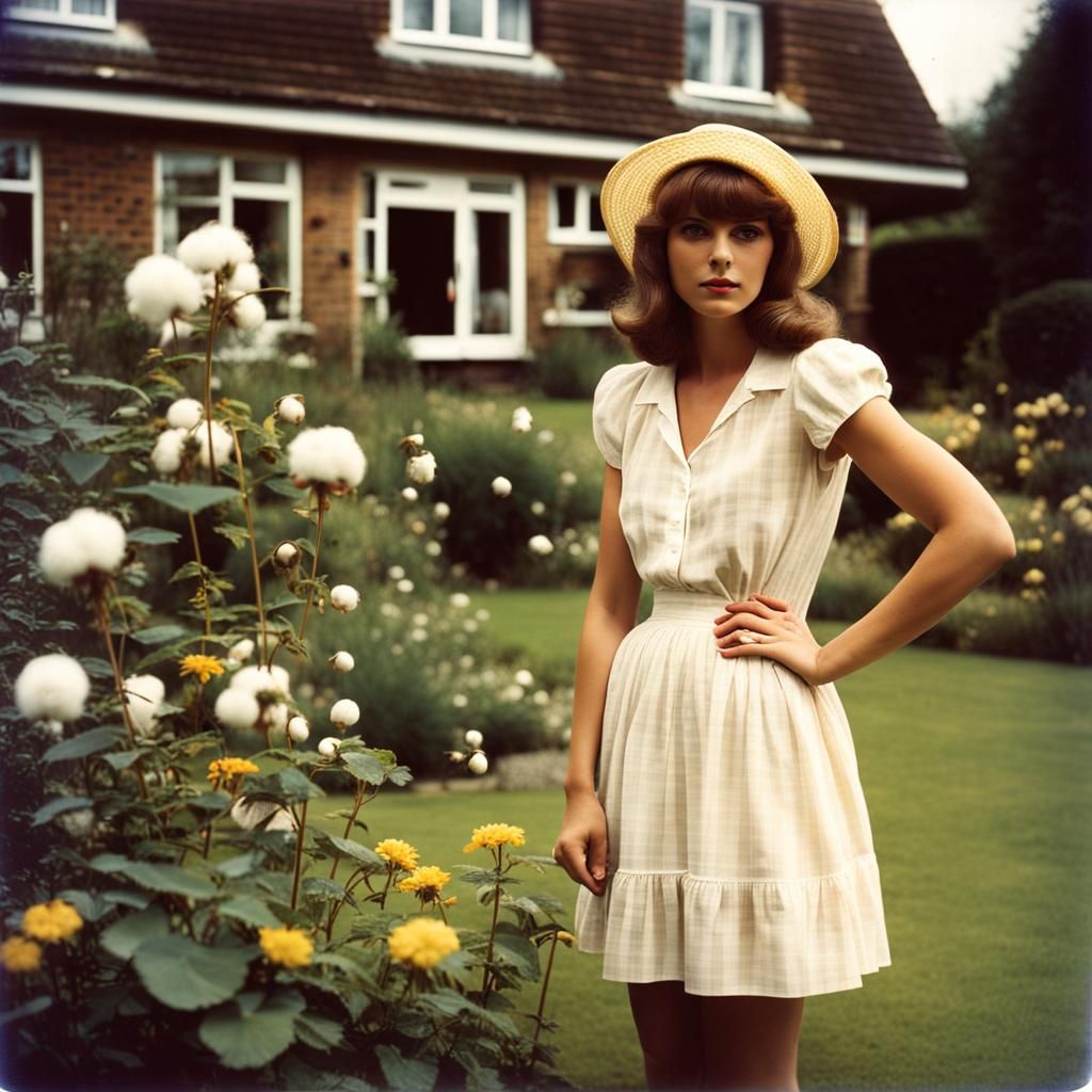 Woman in English Garden: 1980s Polaroid Style