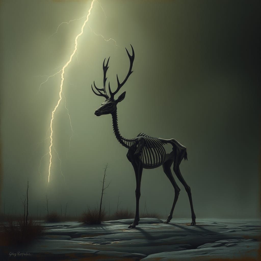 Eerie Deer in Lightning Storm, Atmospheric Digital Art