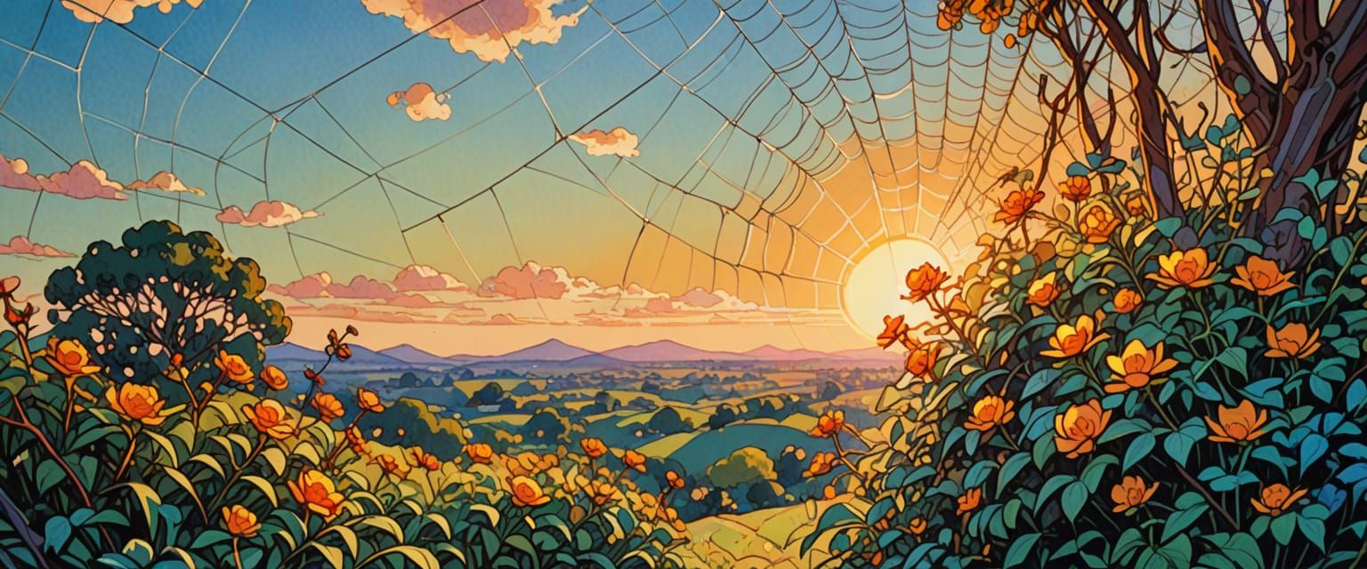 Spiderwebs and Exotic Flowers in Watercolor Style