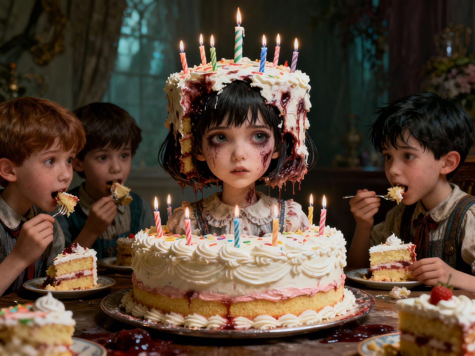 Surreal Girl With Birthday Cake Head and Ghoulish Children