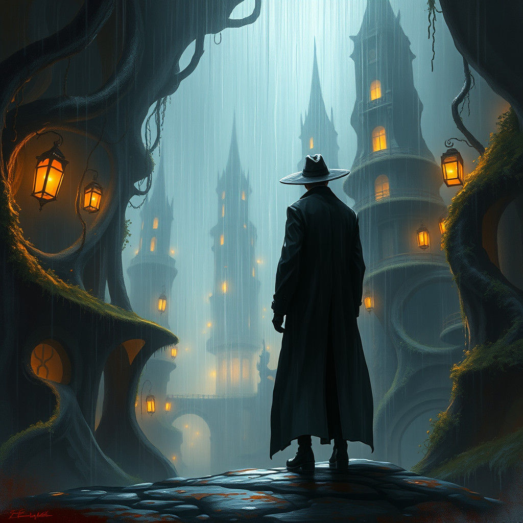 Mystical Figure in Rainy Cityscape: Fantasy Concept Art