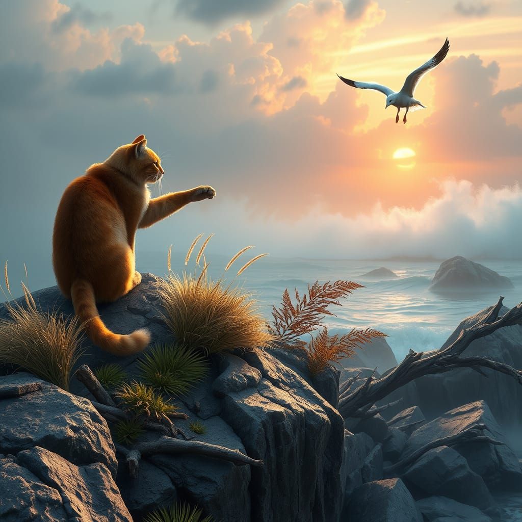 Burnt Orange Cat Beckons Seagull from Cliff Edge