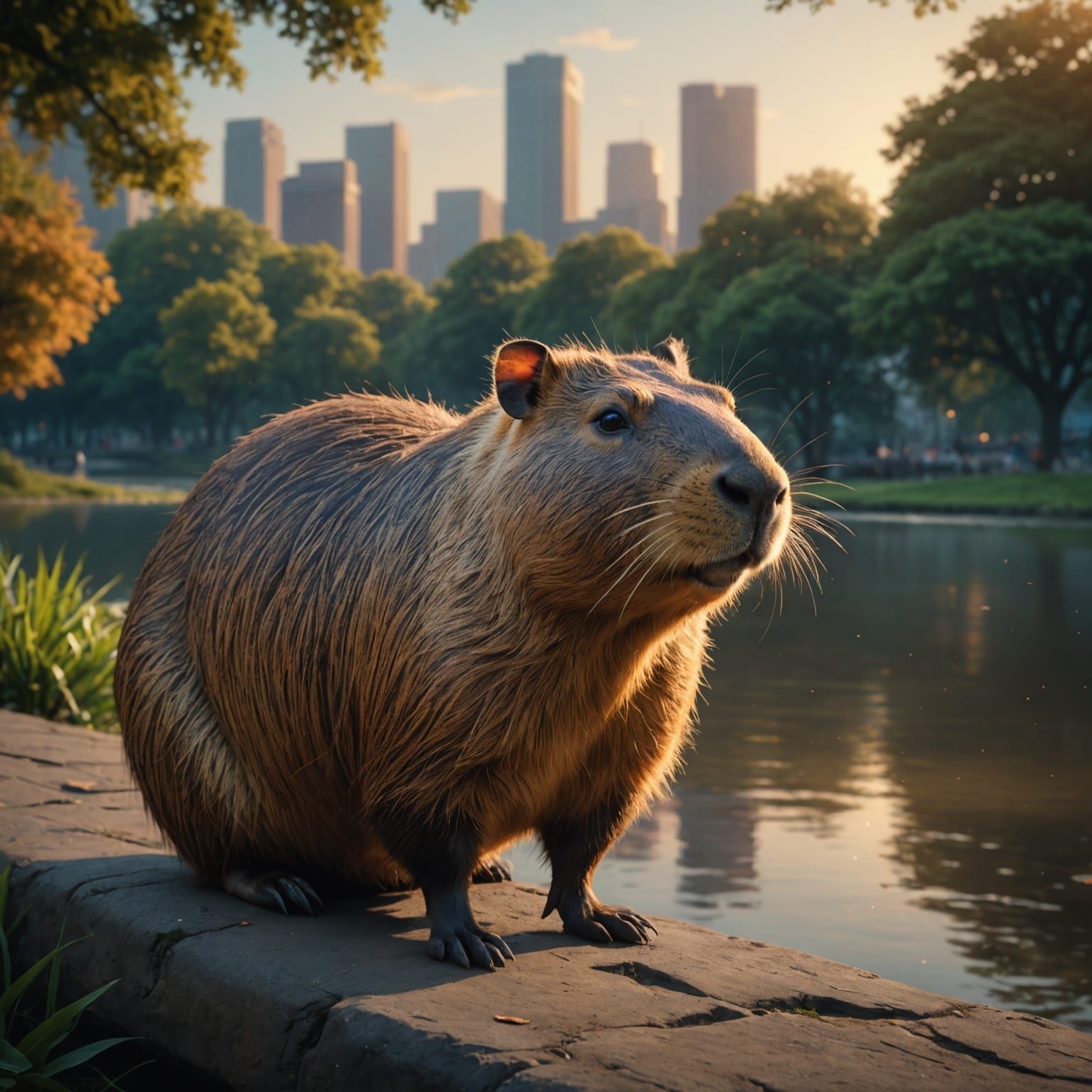 Realistic Capybara Portrait at Dawn in Park