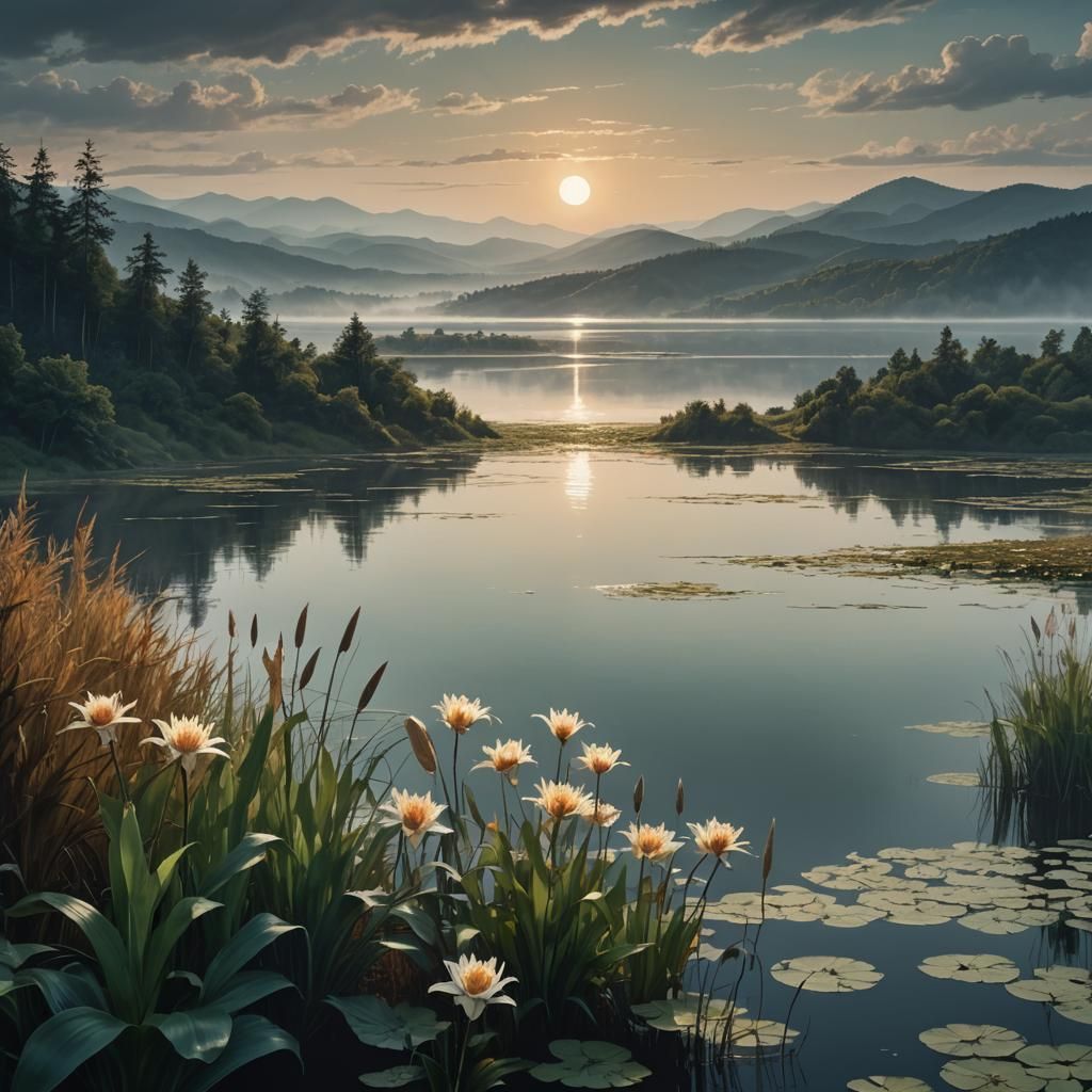 Forested Hills Above Windswept Lake: Dark Fantasy Concept Ar...