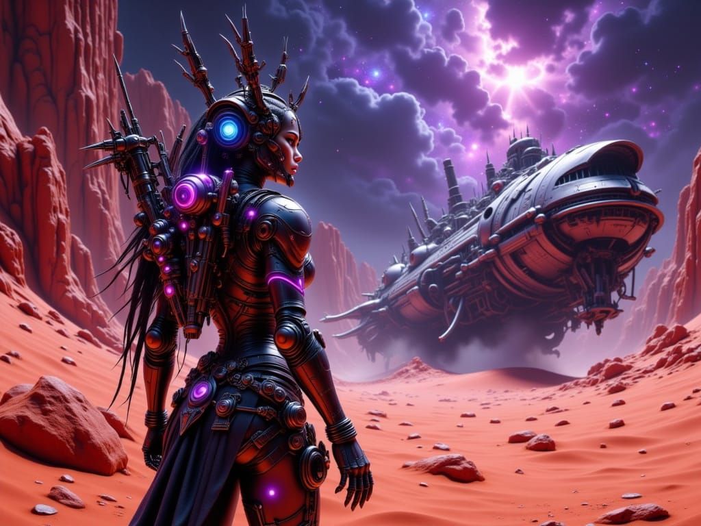 A lone female warrior in ornate, futuristic armor stands on ...