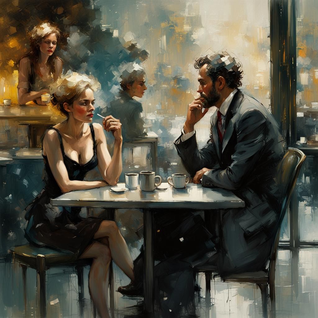 Cafe Scene with Dreamy Figures in Oil Painting Style