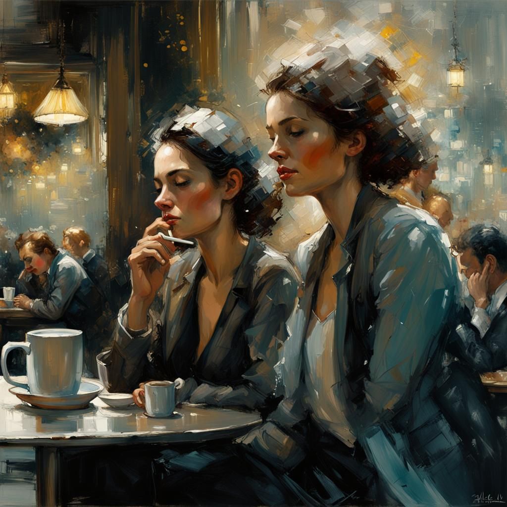 Dreamy Cafe Scene in Oil Painting Style