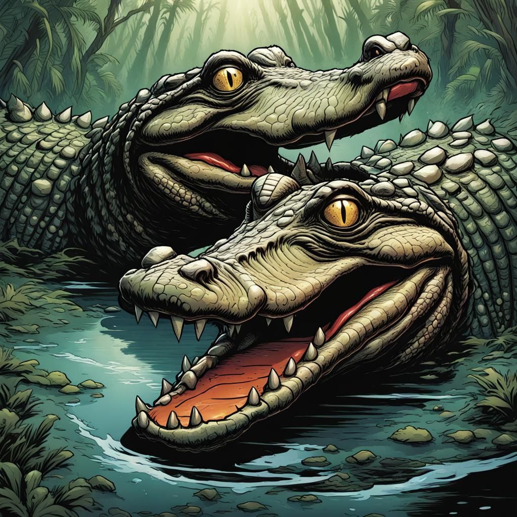 Two-Headed Alligator in Comic Book Style