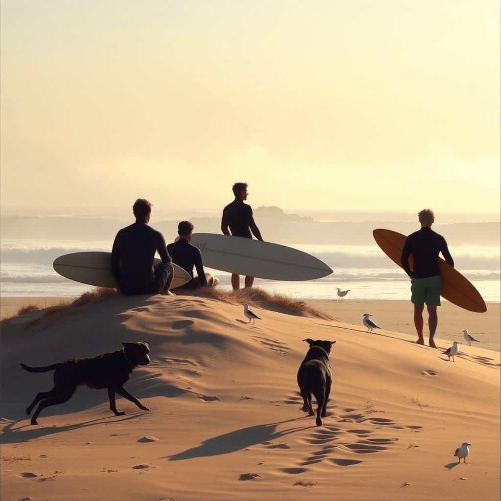 Soft Morning Glow Over a Surfing Scene in a Mystical Coastal...