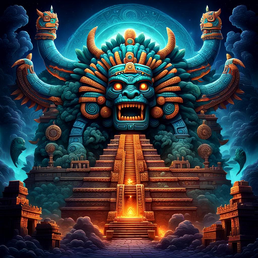 Aztec Deities Mural Art with Bioluminescent Galaxy