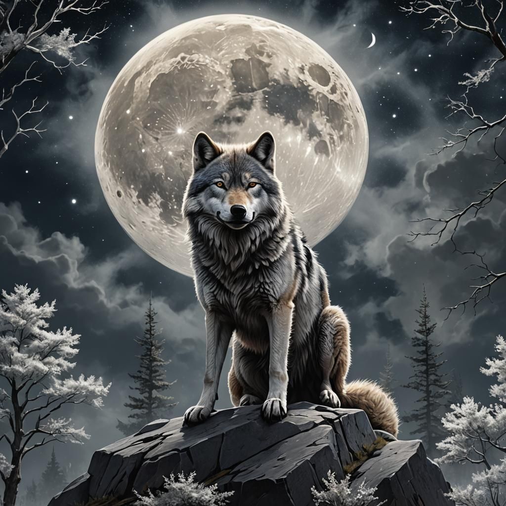 Lone Wolf Howling at the Moon