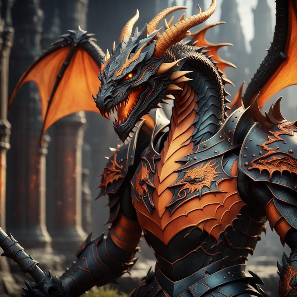 Black and Orange Dragon Knight in Detailed Matte Painting