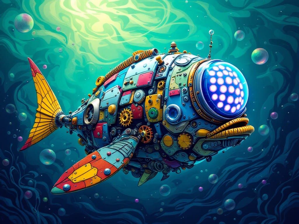 Whimsical Underwater Robot Fish in Vibrant Colors