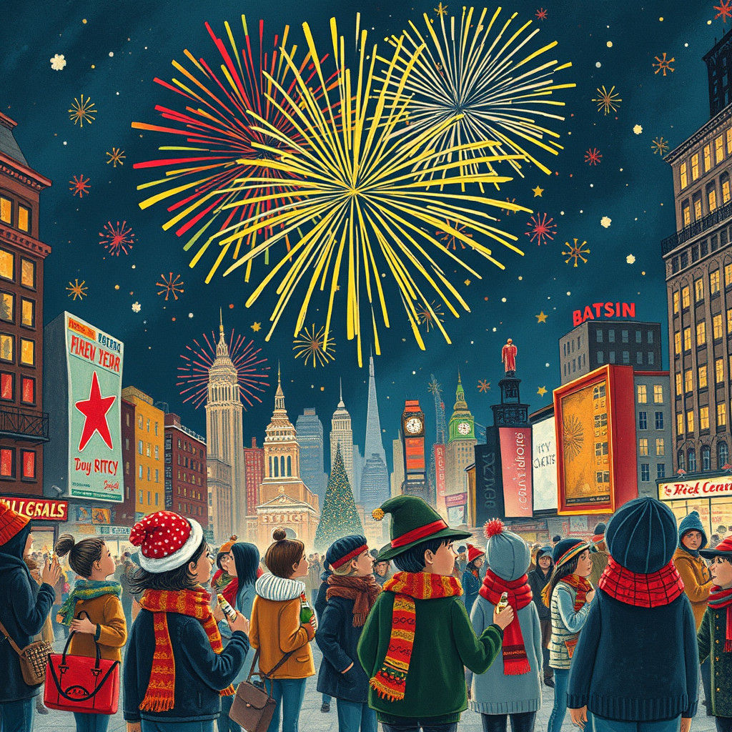 New Year's Eve Fireworks in Whimsical Illustration Style