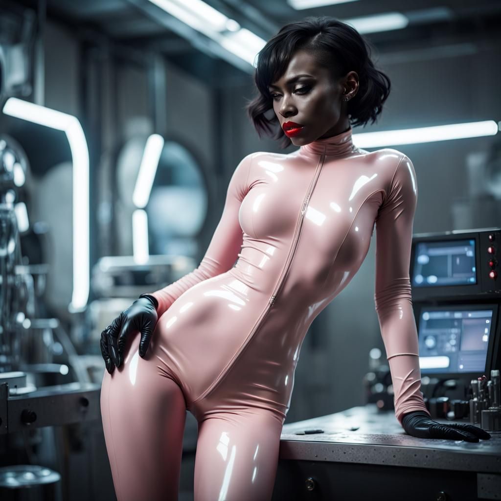 African Woman in Latex Catsuit in Sci-Fi Biolab
