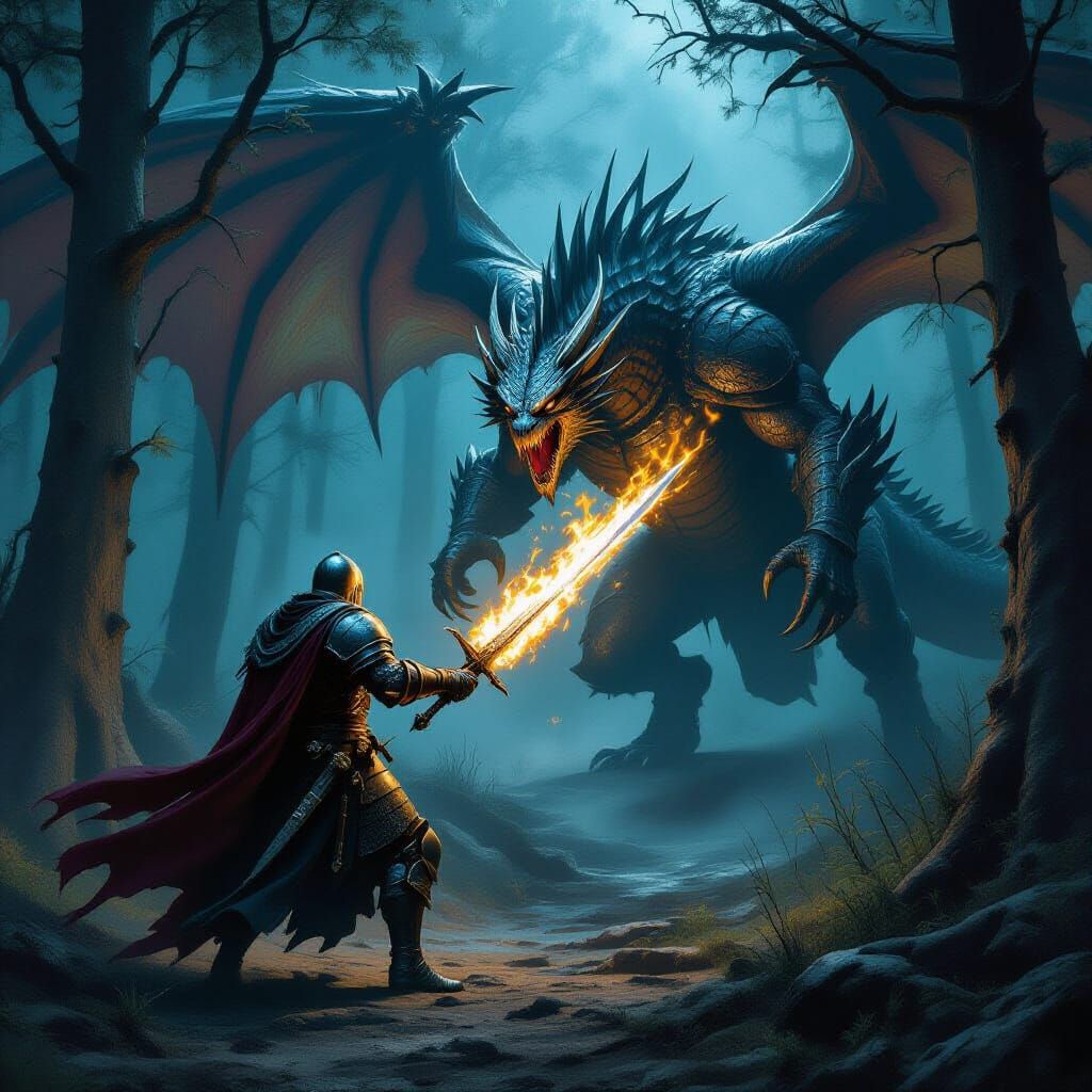 Knight Battles Dragon in Dark, Mystical Forest