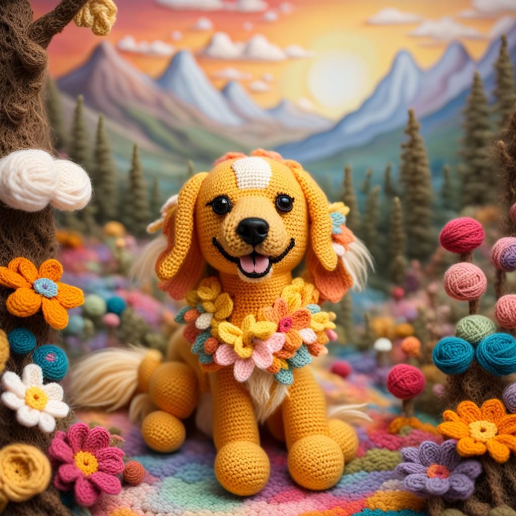 Crocheted Golden Retriever Doll in Fairy Forest